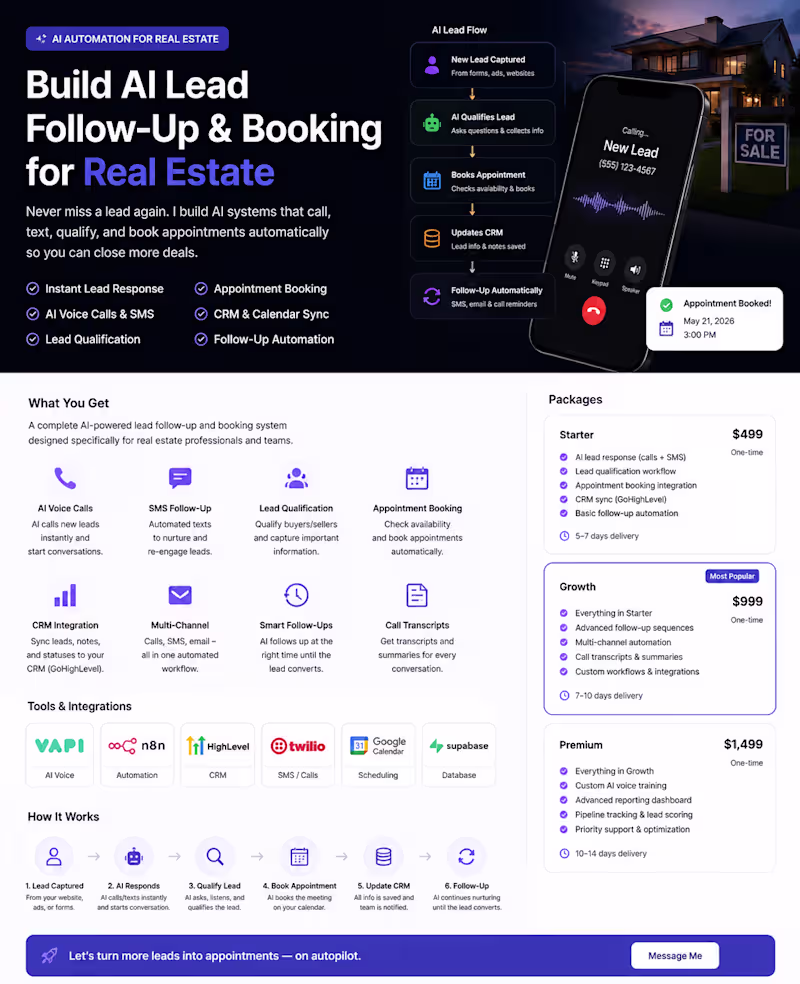 Cover image for Build AI Lead Follow Up and Booking for Real Estate