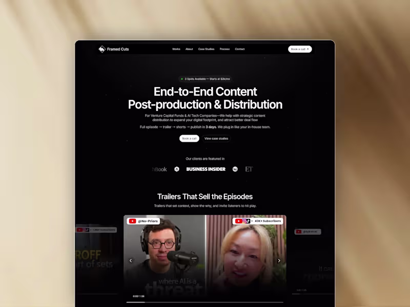 Cover image for Framed Cuts | Framer Landing Page for Post-Production Agency