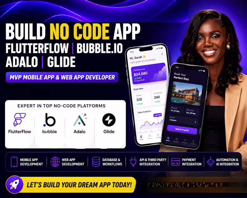 Cover image for build mvp flutterflow app fix app bubble adalo glide no code app