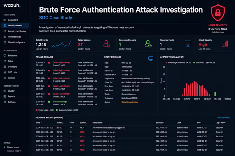 Cover image for Brute Force Attack Detection & Investigation - Wazuh SIEM