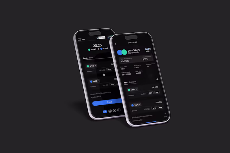 Cover image for Mobile app views of VaporDEX's swap interface (trading VPND/...