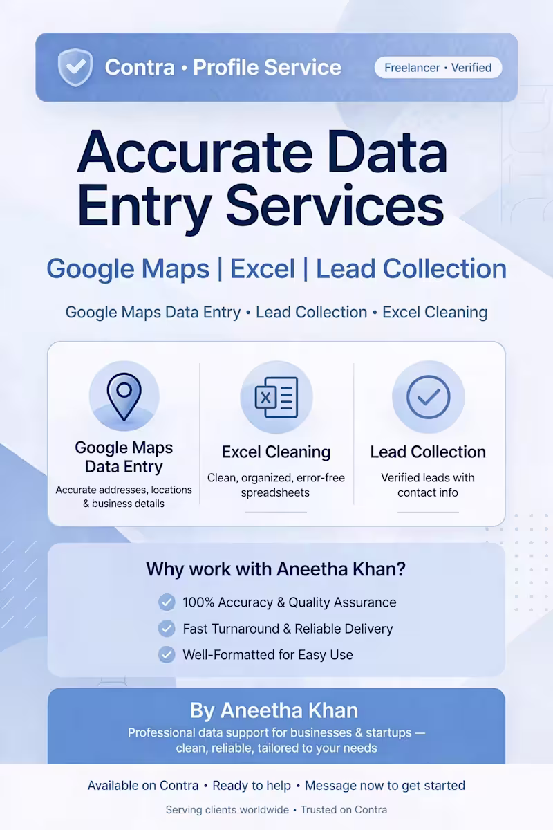 Cover image for I will do Google Maps Data Entry, Excel Cleaning & Lead Collecti
