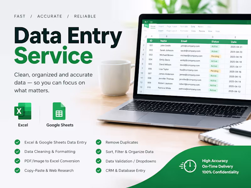 Cover image for Accurate Data Entry & Excel/Google Sheets Cleanup
