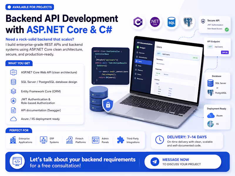 Cover image for Backend API Development with ASP.NET Core & C#
