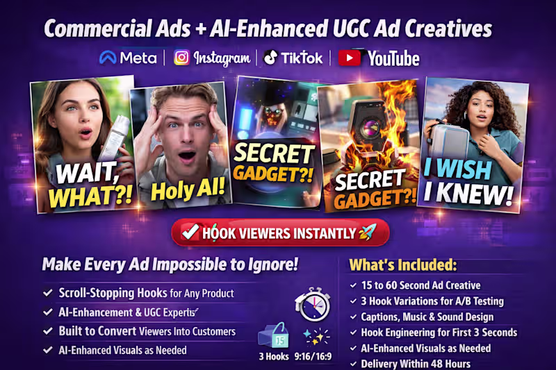 Cover image for Commercial Ads + AI-Enhanced UGC Ad Creatives Meta, & YouTube