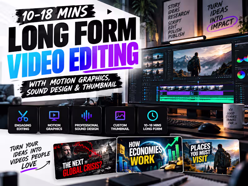 Cover image for Long Form Video edit 10-18 mins with motion graphics, thumbnail