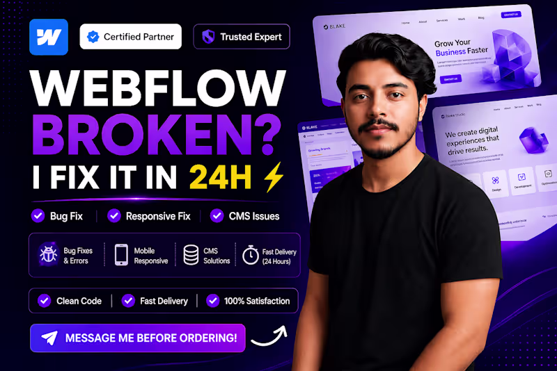 Cover image for Fix webflow bugs, responsiveness and cms issues in 24 hours