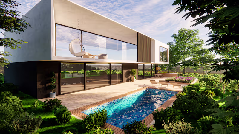Cover image for Modern villa exterior with pool