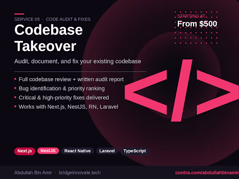 Cover image for Codebase Audit, Takeover & Bug Fixes