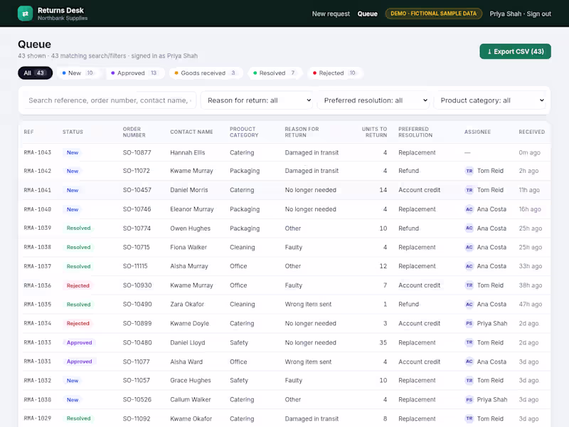 Cover image for Returns Desk — Form → Queue → CSV Export (demo, sample data)