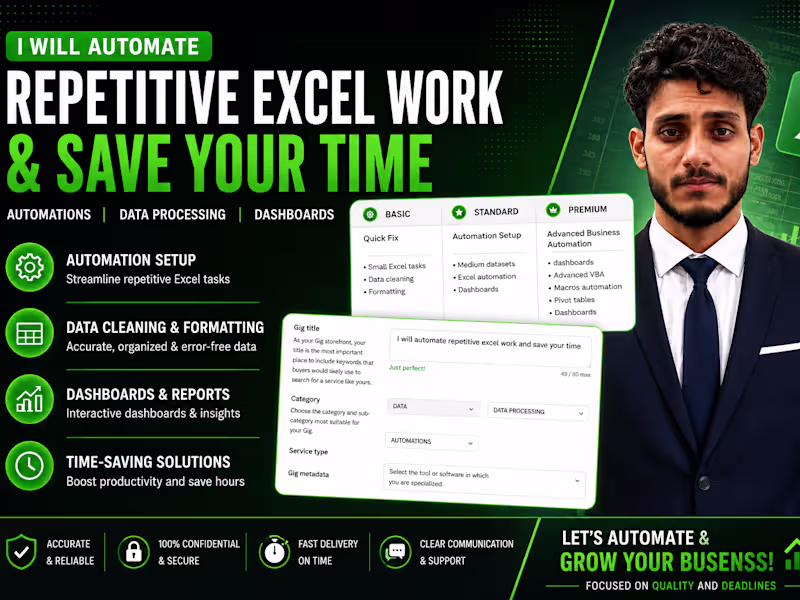 Cover image for I will automate repetitive excel work and save your time