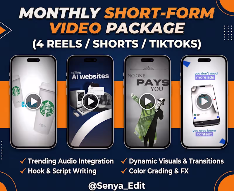 Cover image for Monthly Short-Form Video Package (4 Reels / Shorts / TikToks)