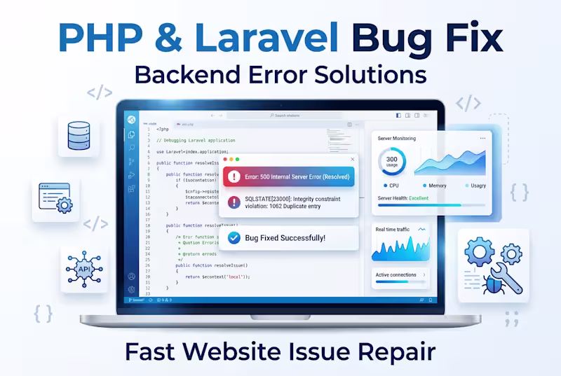 Cover image for fix PHP Laravel website bugs, errors and backend problems