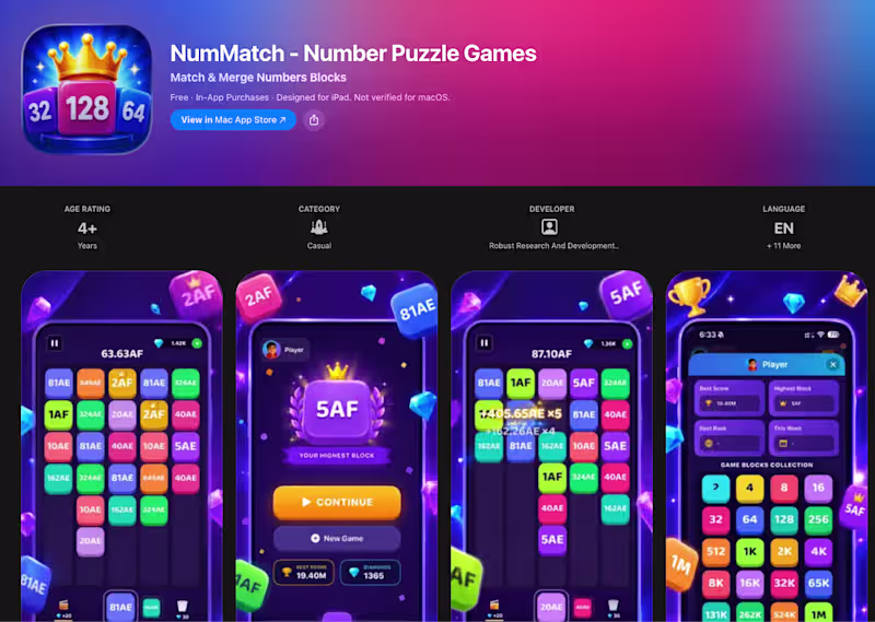 Cover image for NumMatch — a merge-puzzle game with a designed economy, on i...