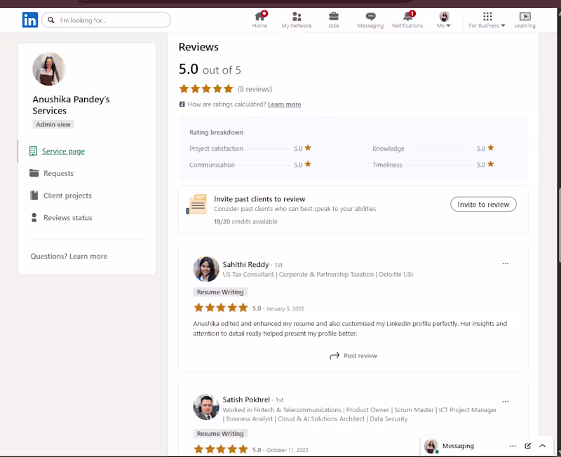 Cover image for Client Feedback · LinkedIn 5-star feedback for Resume Writin...