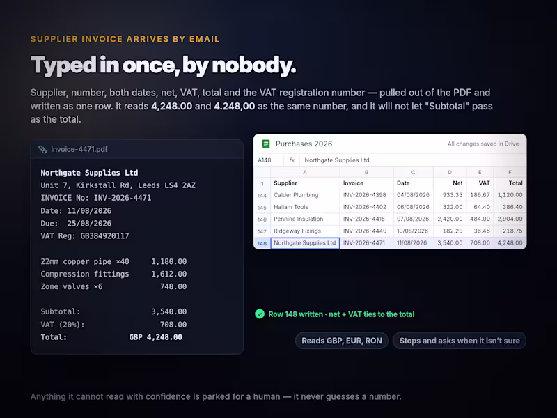 Cover image for Supplier invoices into a spreadsheet, no typing