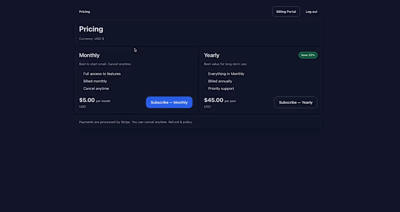 Cover image for Stripe Subscriptions Setup (Next.js + Node.js)