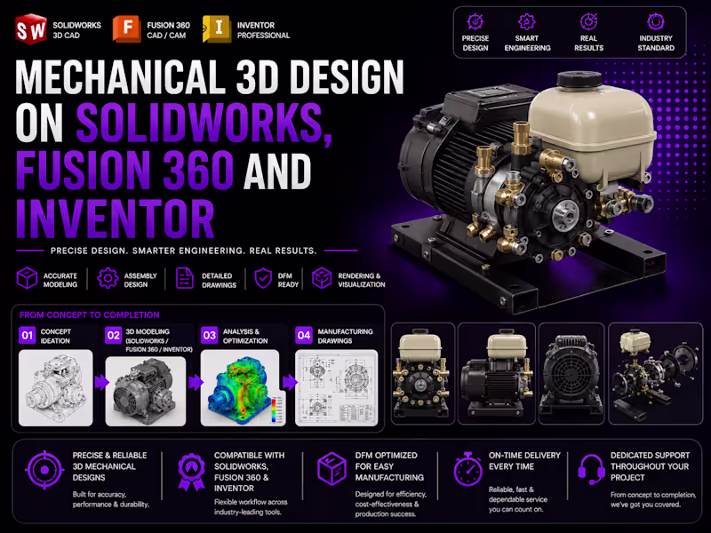 Cover image for Mechanical 3D Design on Solidworks, Fusion 360 and Inventor