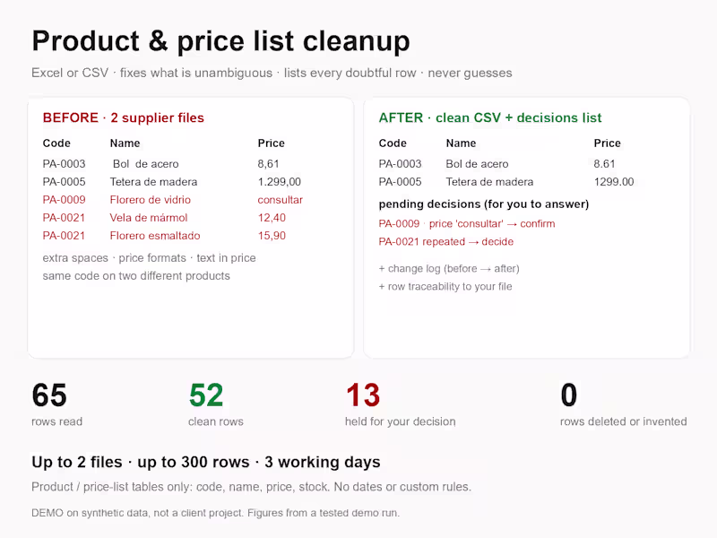 Cover image for Product & price list cleanup (Excel/CSV), errors flagged
