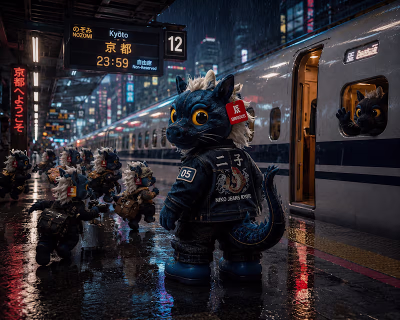 Cover image for Rain-soaked platform, neon signage, the
