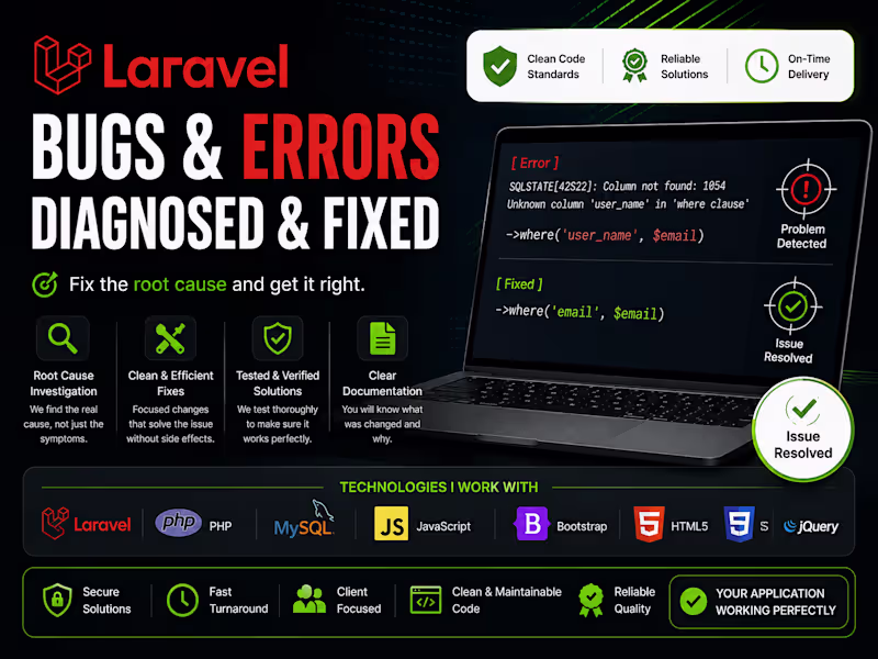 Cover image for Laravel Bug Fix & Troubleshooting