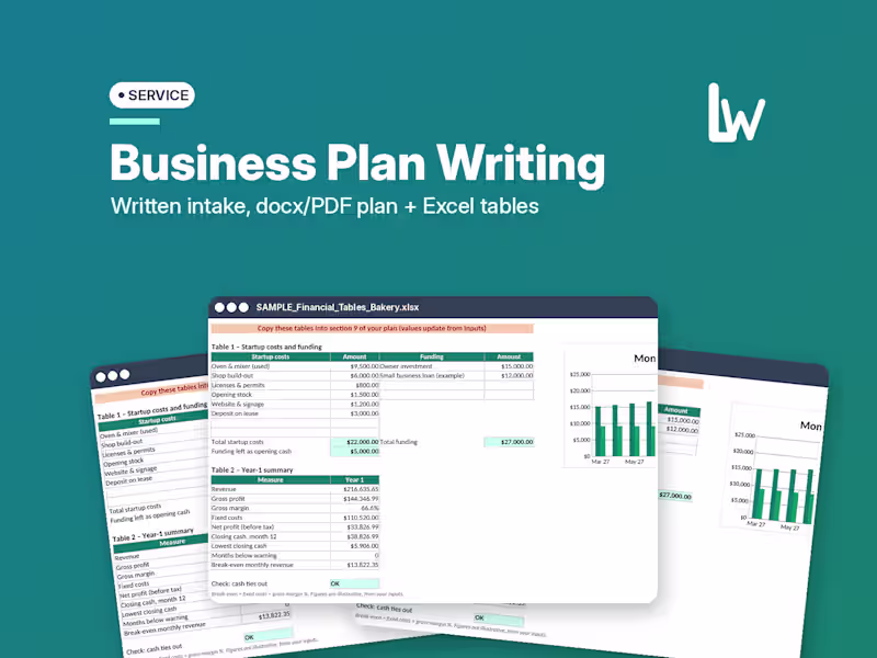 Cover image for Business Plan Writing for Small Business | Excel Financials