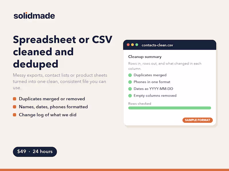 Cover image for Spreadsheet or CSV cleaned up in 24 hours