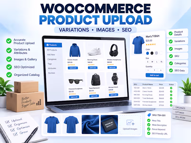 Cover image for WooCommerce Product Upload, Variations & Catalog Setup