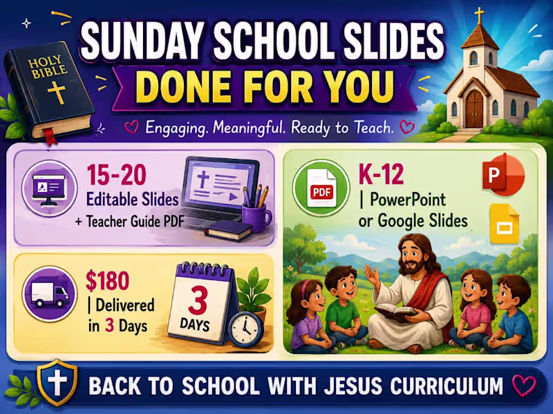 Cover image for I will design Sunday School slides + teacher guide for your less