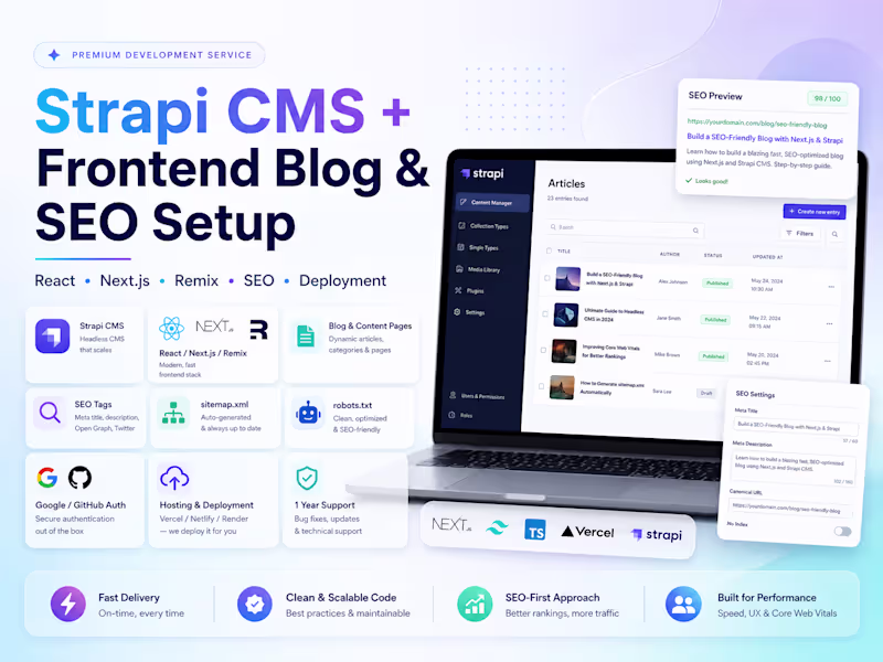 Cover image for Strapi CMS API + React / Remix / Next.js Blog & SEO & Hosting