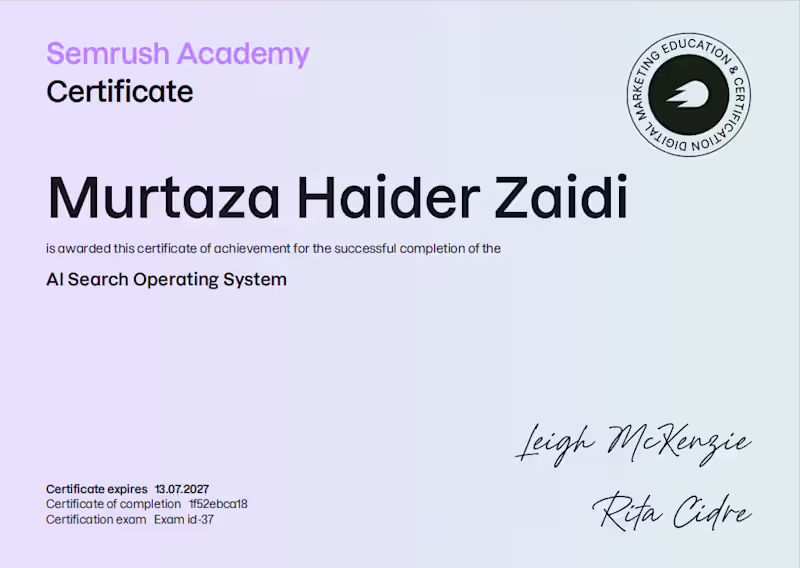 Cover image for Achieved Certification from Semrush Academy.

#Recognition