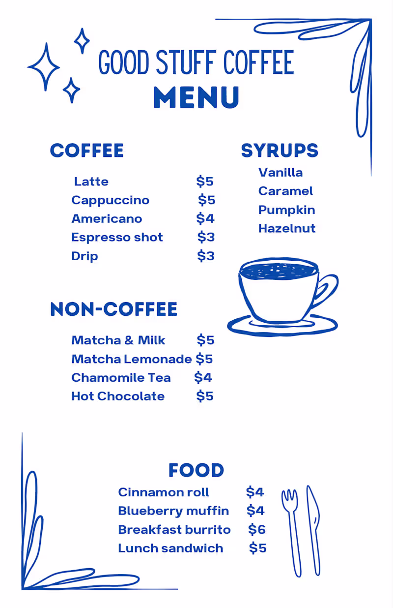 Cover image for Coffee shop menu
