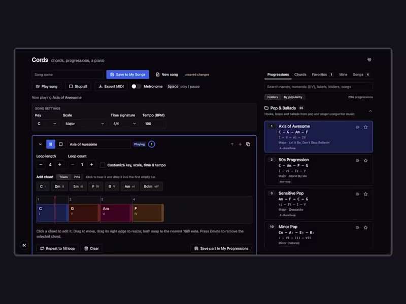 Cover image for Cords: Songwriting Web App for Chords & Progressions