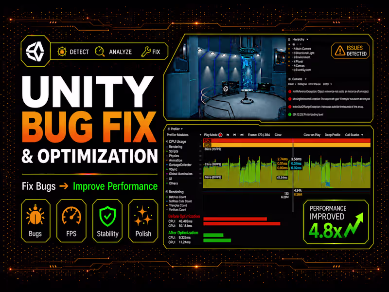 Cover image for Unity Bug Fixing, Optimization & Project Rescue