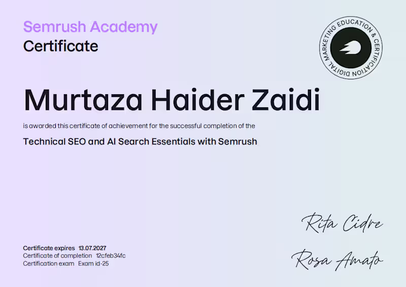 Cover image for Achieved Certification from Semrush Academy.
#Recognition