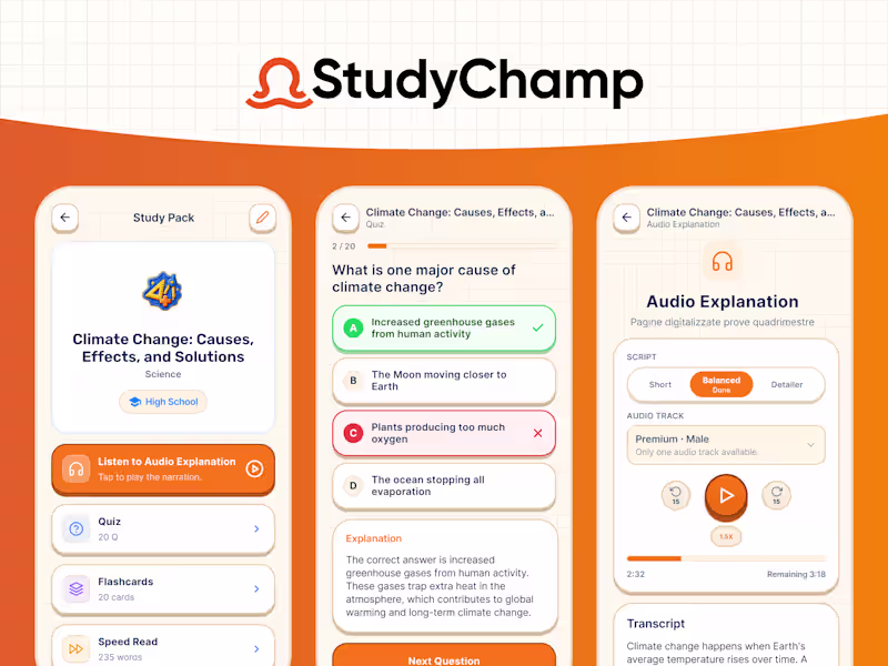 Cover image for StudyChamp | Turn Notes Into Audio, Quizzes, and Flashcards