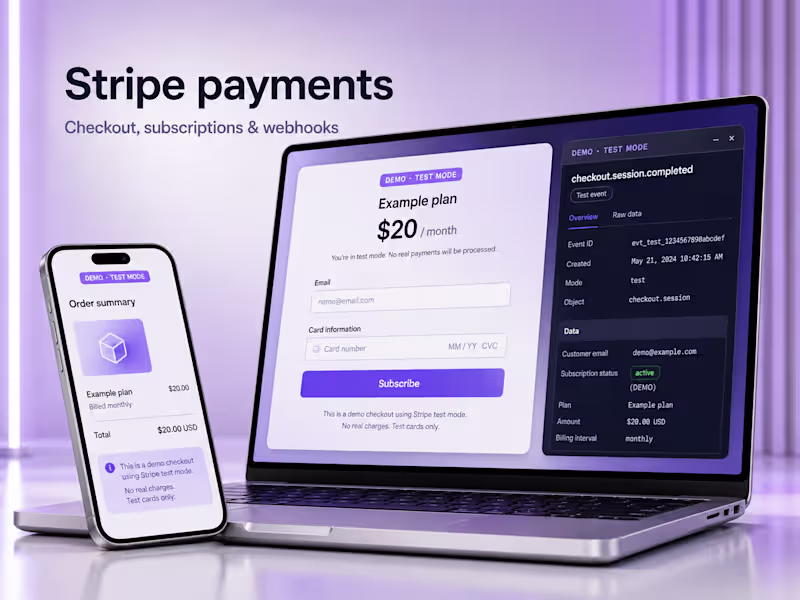 Cover image for Stripe checkout, subscriptions and payment integrations