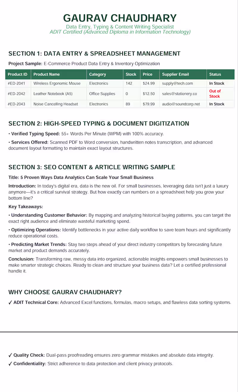 Cover image for Data entry, content and article writing freelancer sample