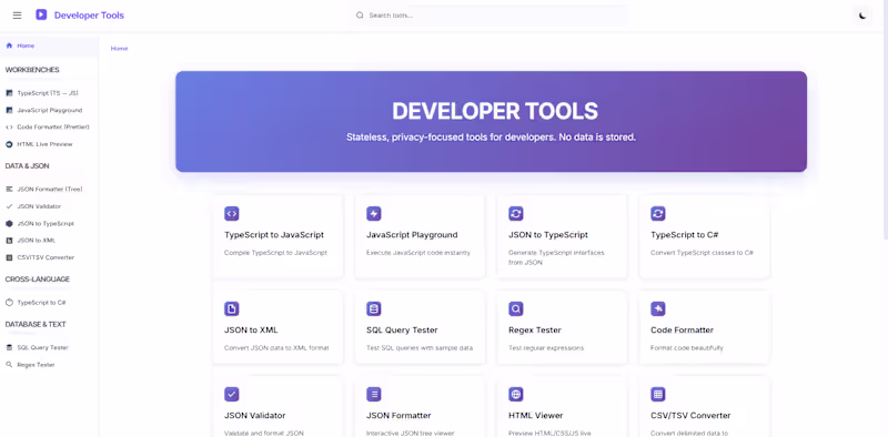 Cover image for All-in-One Developer Tools Platform
Technologies: React,