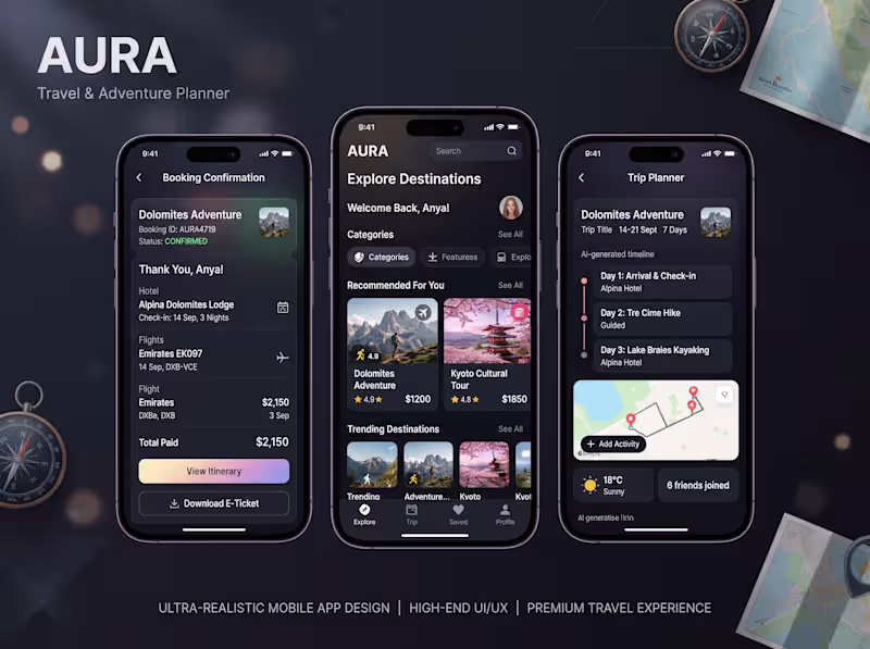 Cover image for AURA Travel and Adventure Planner Mobile App UI UX Design