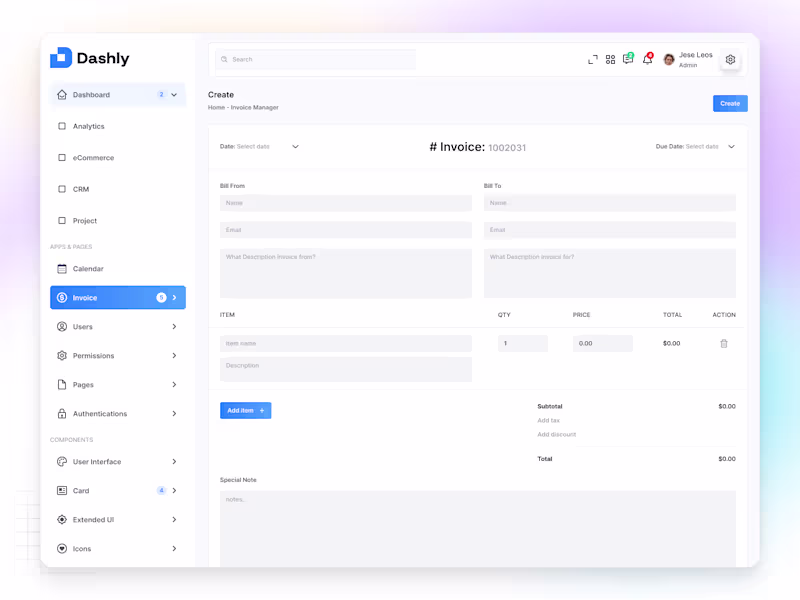 Cover image for ✦ Dashly — Create Invoice Dashboard Dashly Create Invoice is...