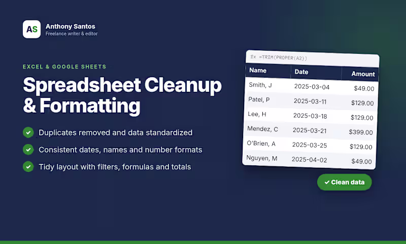 Cover image for Spreadsheet Cleanup (Excel/Google Sheets)
