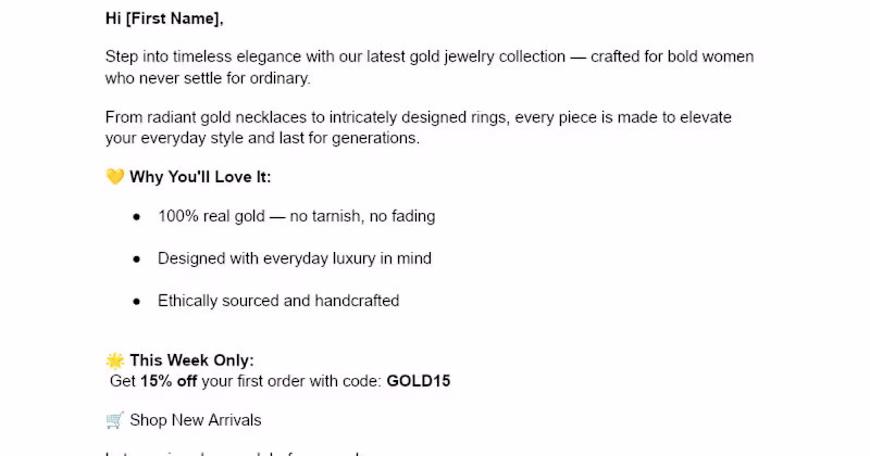 Cover image for Aurielle Gold Jewelry Collection Email Campaign