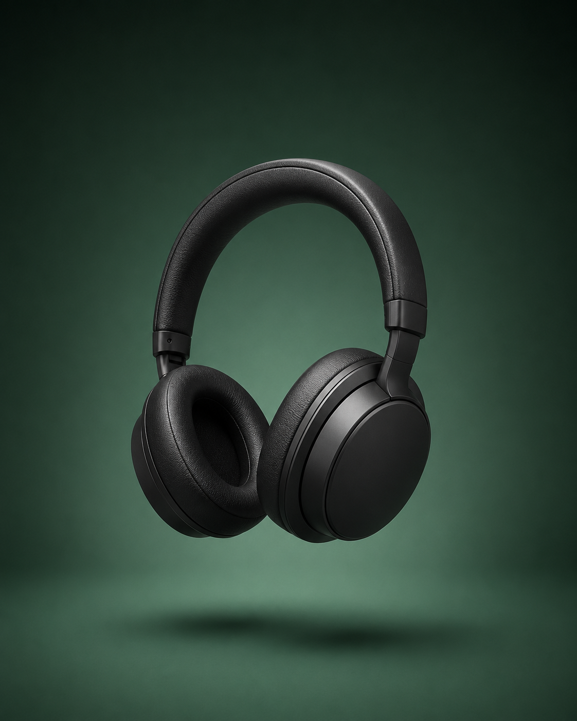 Arbórea No. 01 — matte forest-green wireless headphones with walnut earcups on a cream studio backdrop
