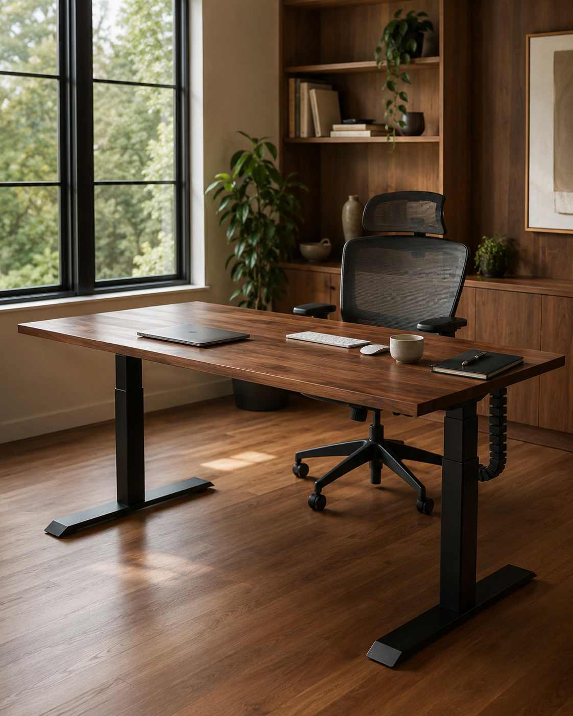 Close-up of the EPOCH steel cable tray mounted beneath the desktop