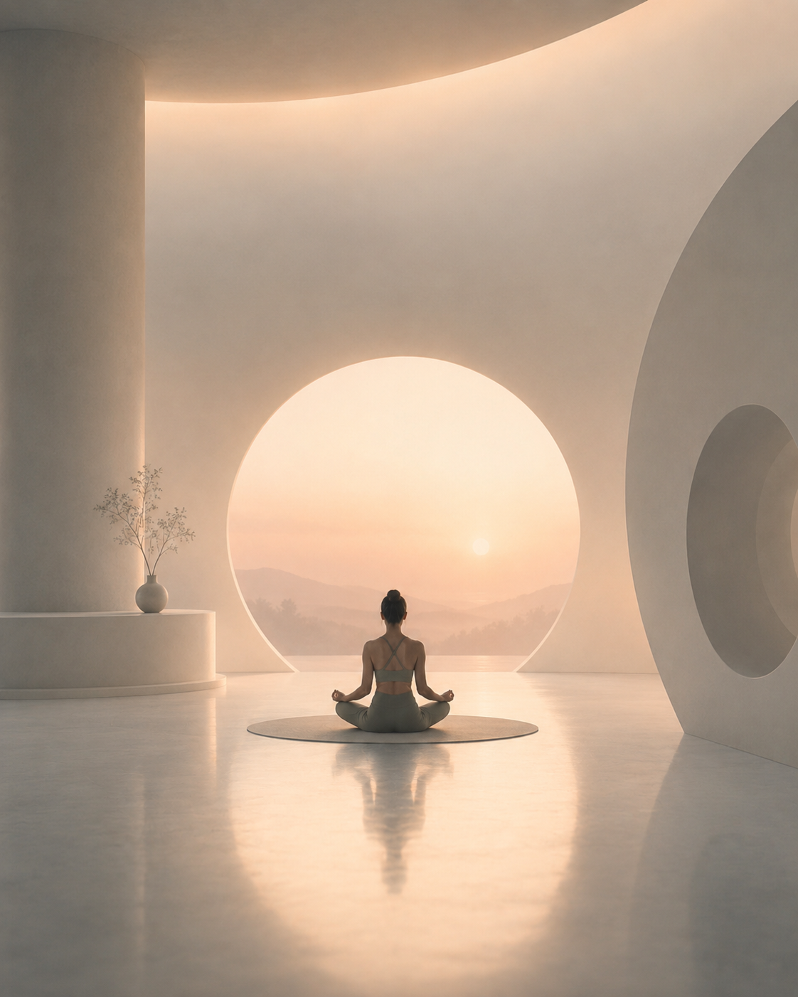 A still, dimly lit interior with a single warm pool of light.