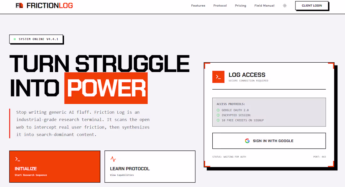 Cover image for FrictionLog is an AI-driven research and content engine buil...