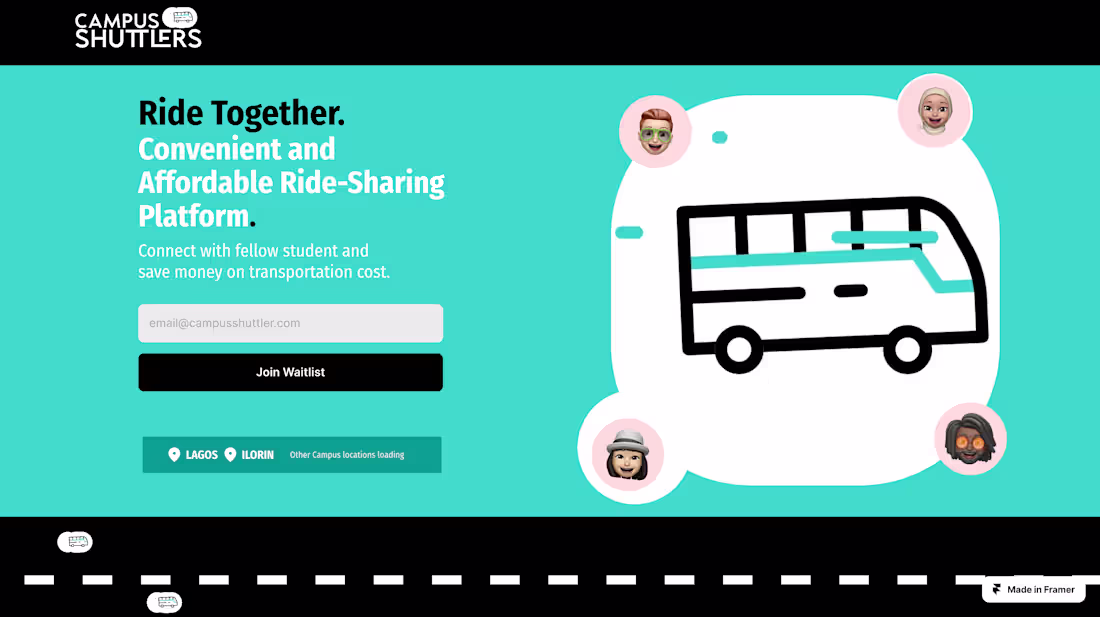 Cover image for Framer Waitlist Page; Campus Shuttlers Website Development