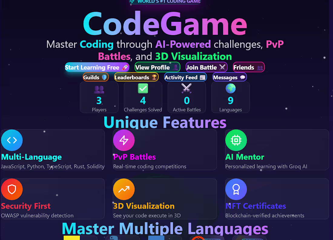 Cover image for CodeGame - Interactive Gaming Platform with Gamification Cod...
