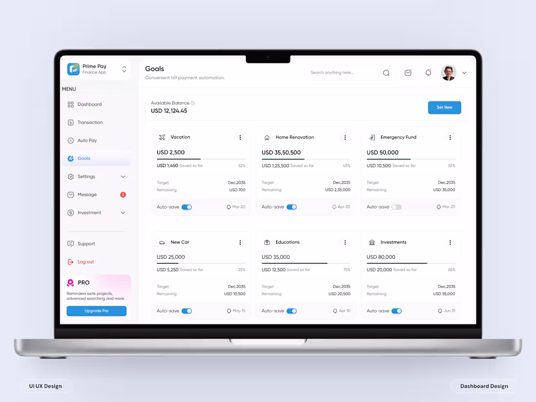 Cover image for Prime Pay - Finance Dashboard Goal Page